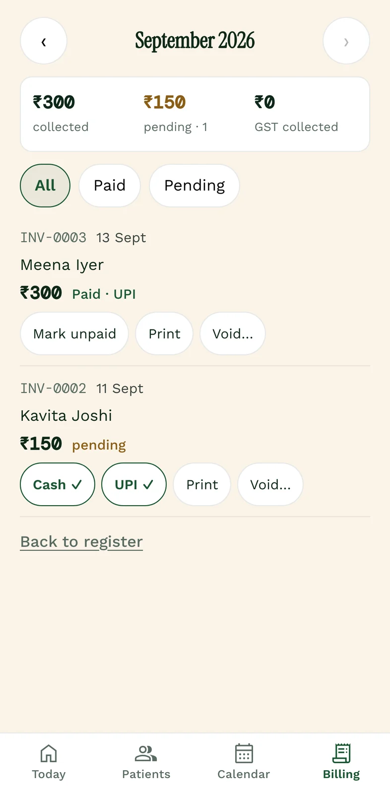 The Billing screen in Curanon: the month, paid and pending